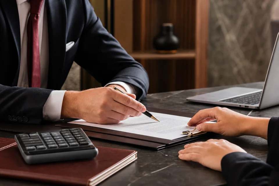 Profissionais revisando contrato bancário em uma mesa